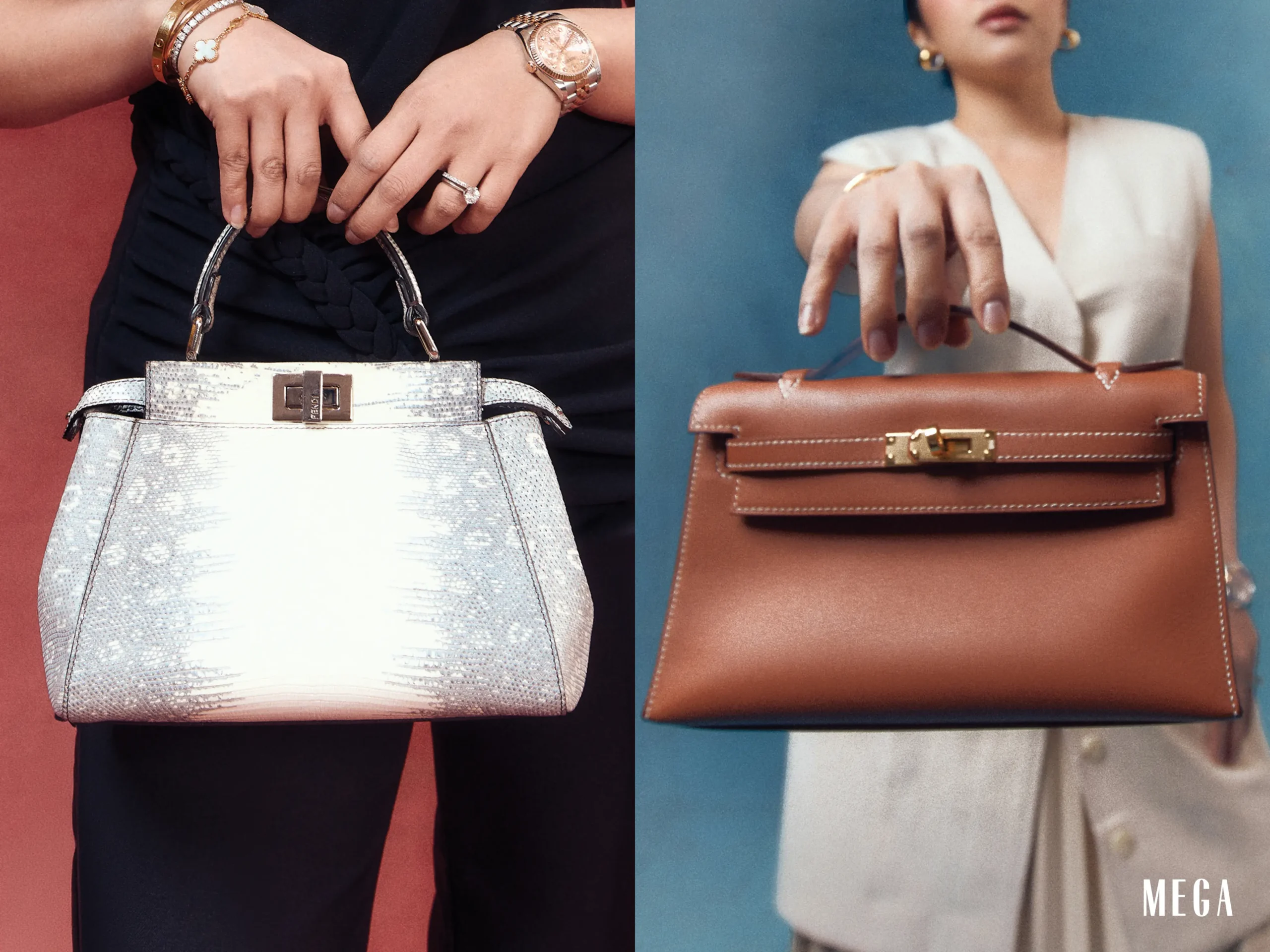 Split-screen fashion shot: left shows a silver textured handbag held by a person in black, right shows a brown leather handbag held by a person in a white dress.--Attention to handbags and hands