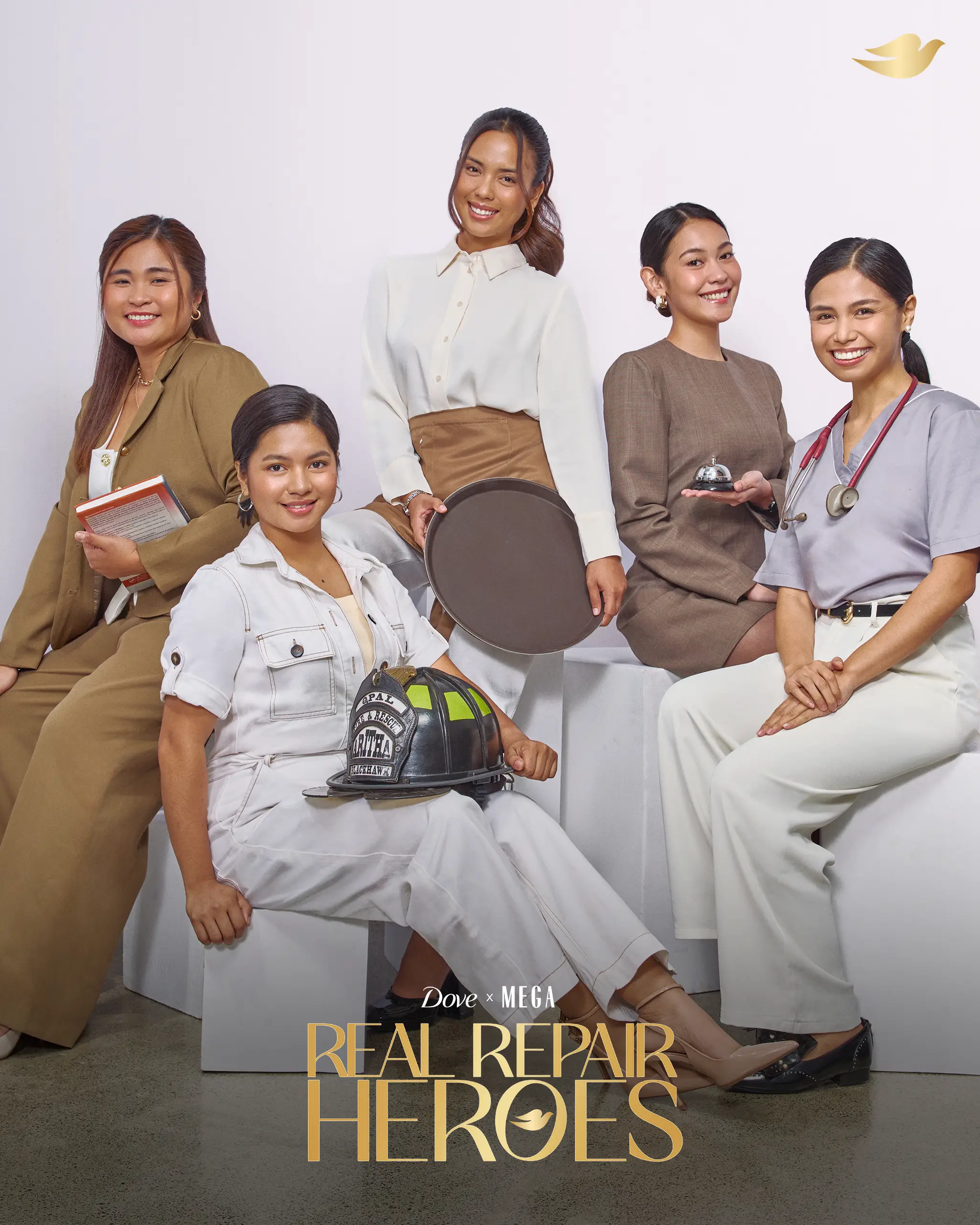 Five diverse women in professional outfits pose together, with a firefighter helmet and a tray in the foreground, advertising 'REAL REPAIR HEROES'.