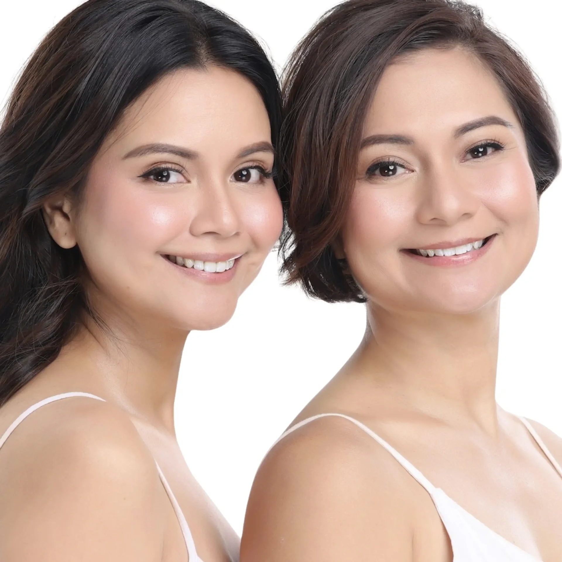 Two women smiling closely, facing the camera in a split-face portrait against a white background.