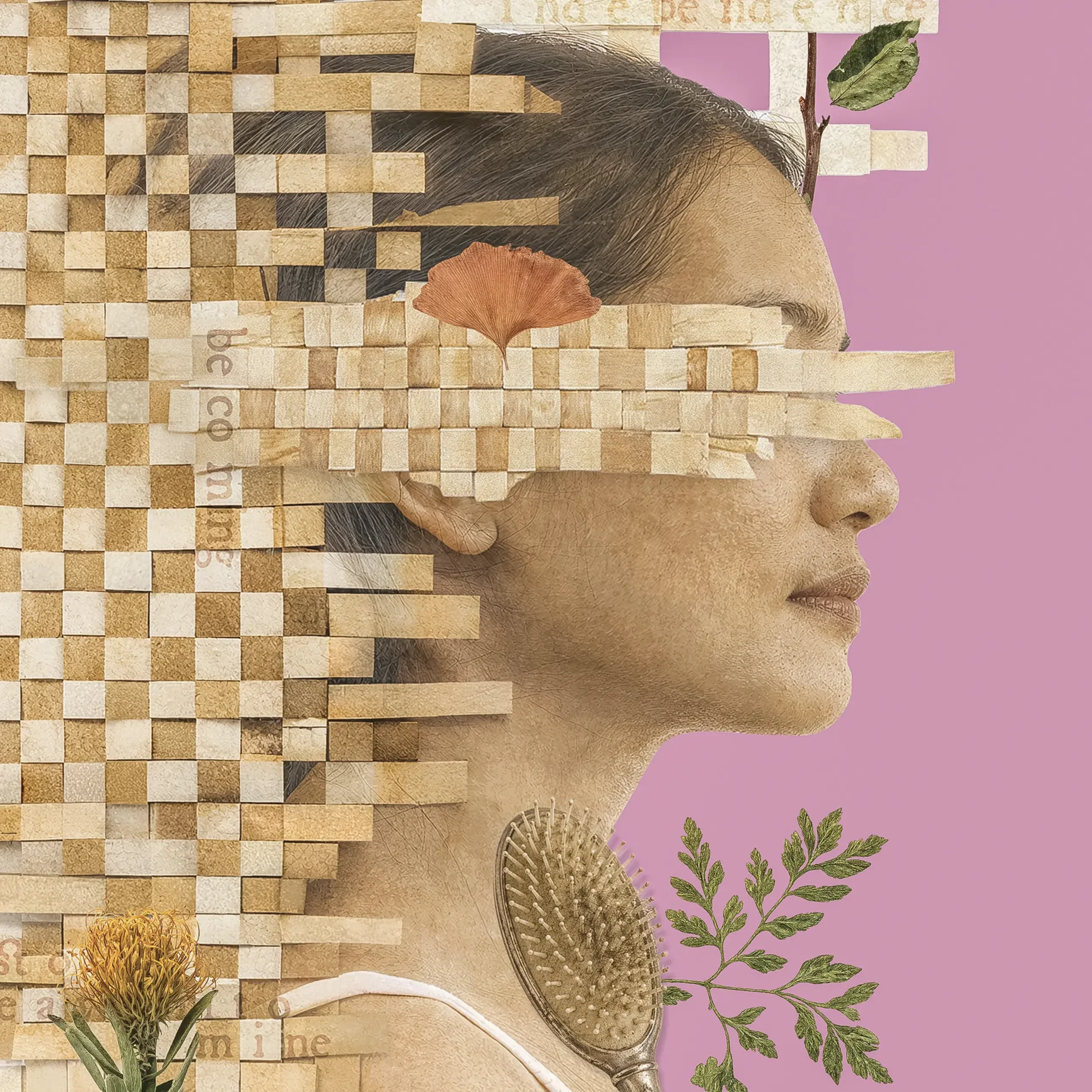 Side profile of a person’s face composed of beige mosaic tiles and plant illustrations on a pink background