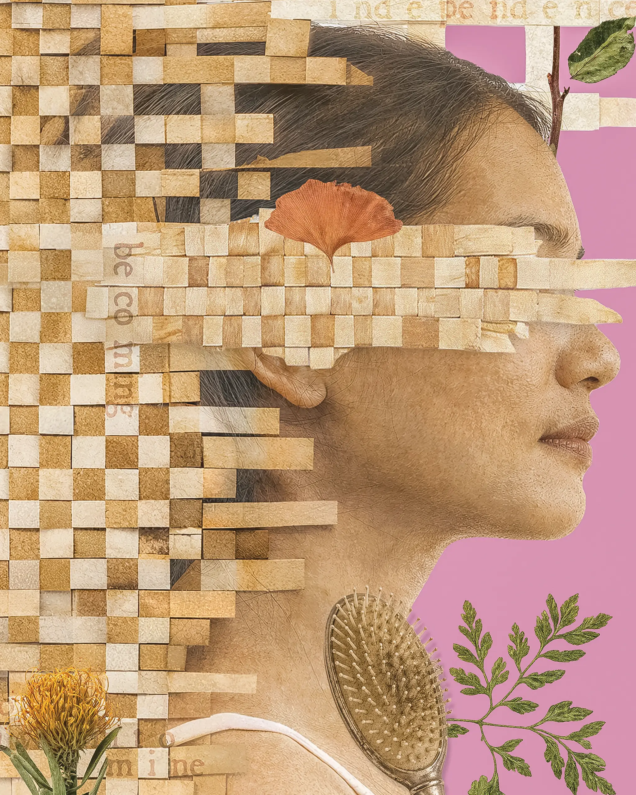 Abstract collage of a woman's profile formed from wooden square blocks with leaves and a pink background.