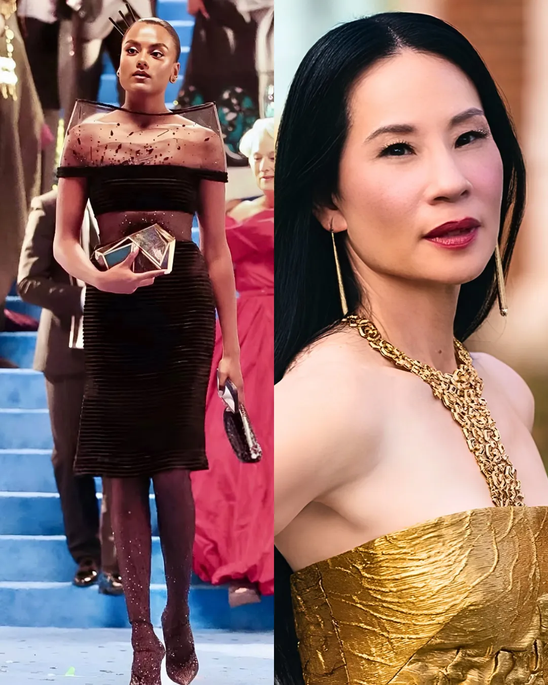 SIMONE ASHLEY CARRYING RAFÈ TOTENGCO, LUCY LIU WEARING MONIQUE LHUILLIER