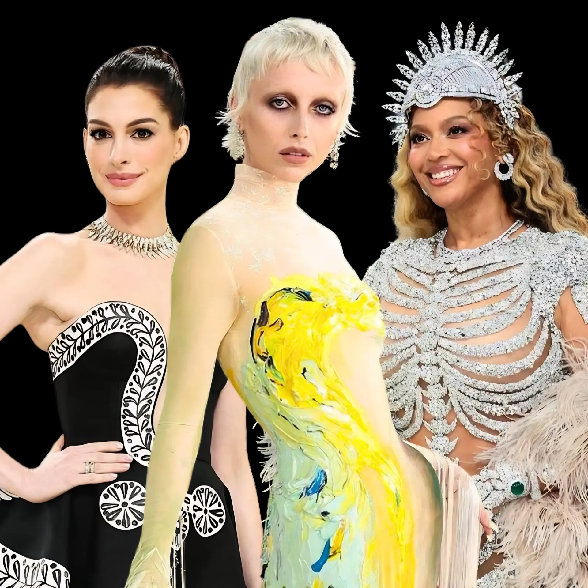 Three fashion models pose together against a black background in elegant, metallic outfits.