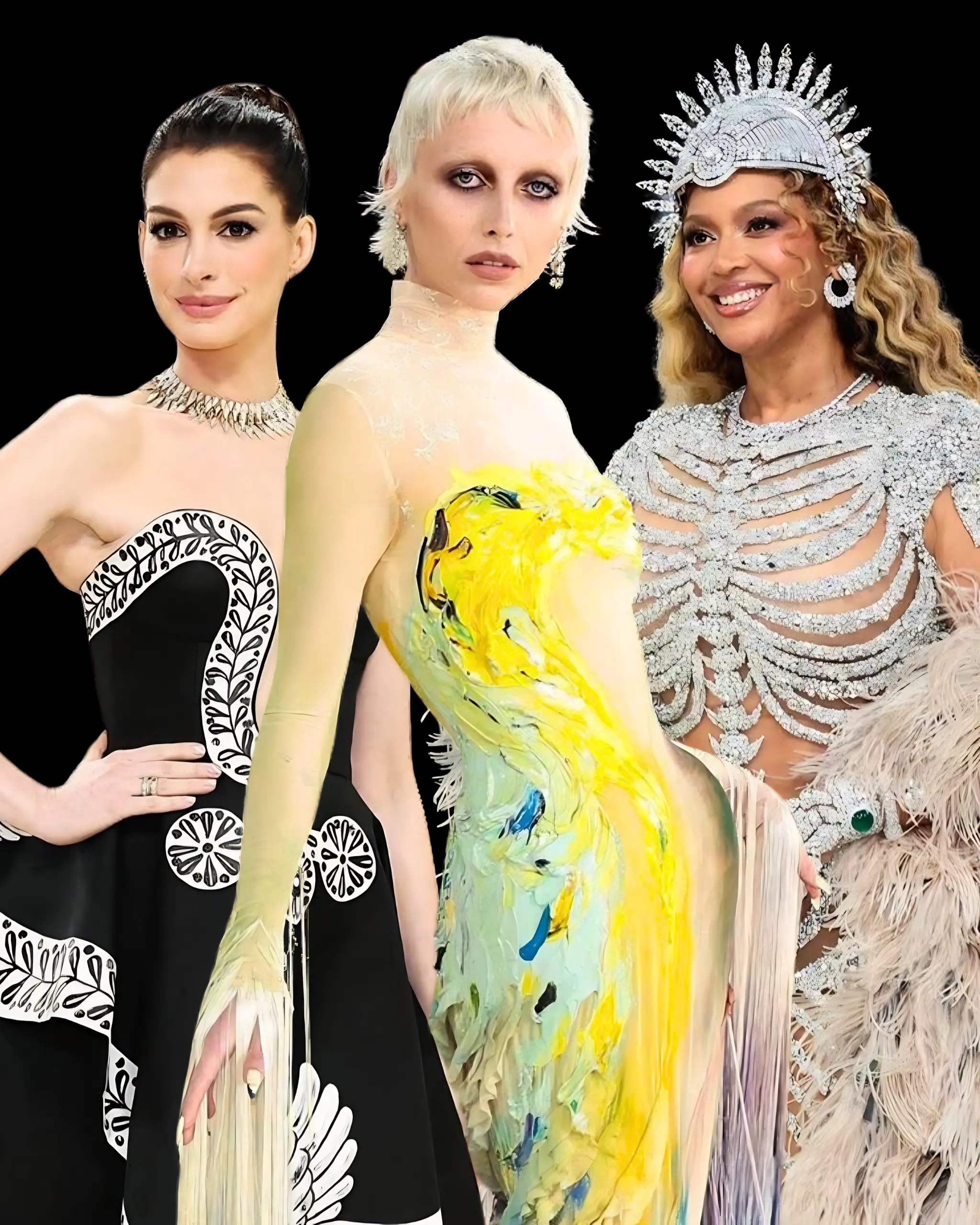 Three fashion models in dramatic outfits pose against a black background, showcasing metallic and painted costumes with bold patterns and textures.