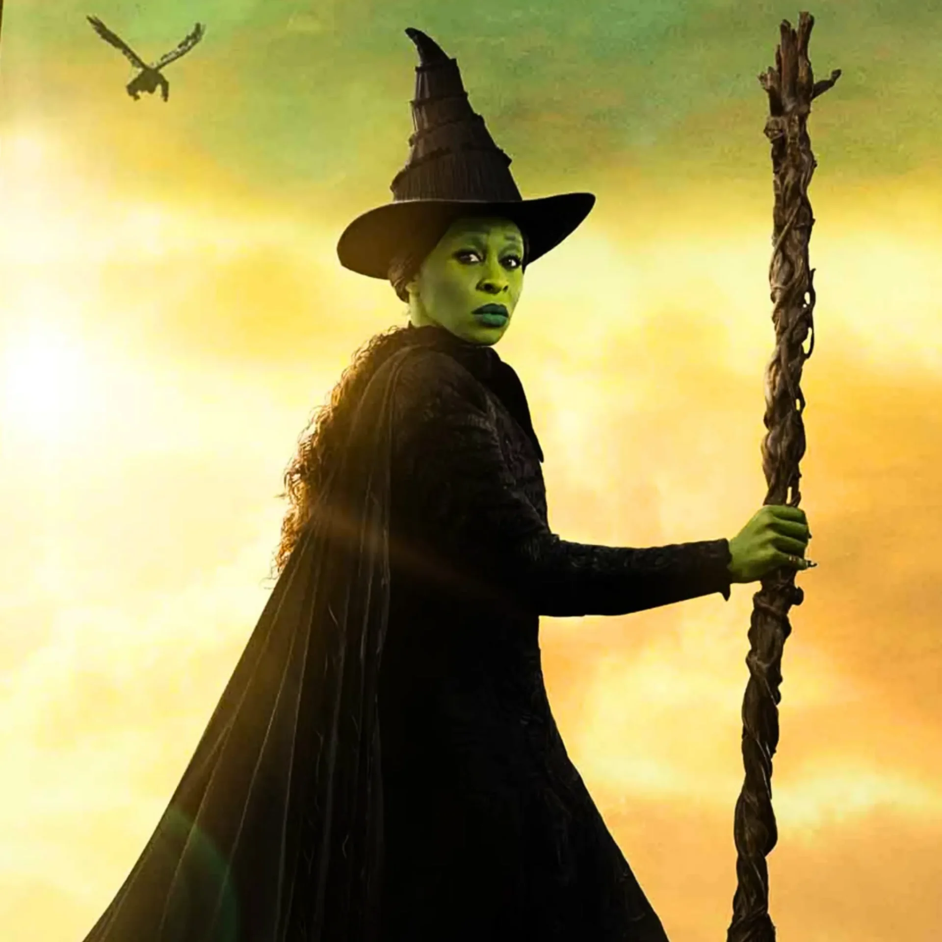 Wicked witch with green skin in a black pointed hat and dark cloak, holding a twisted staff at sunset.