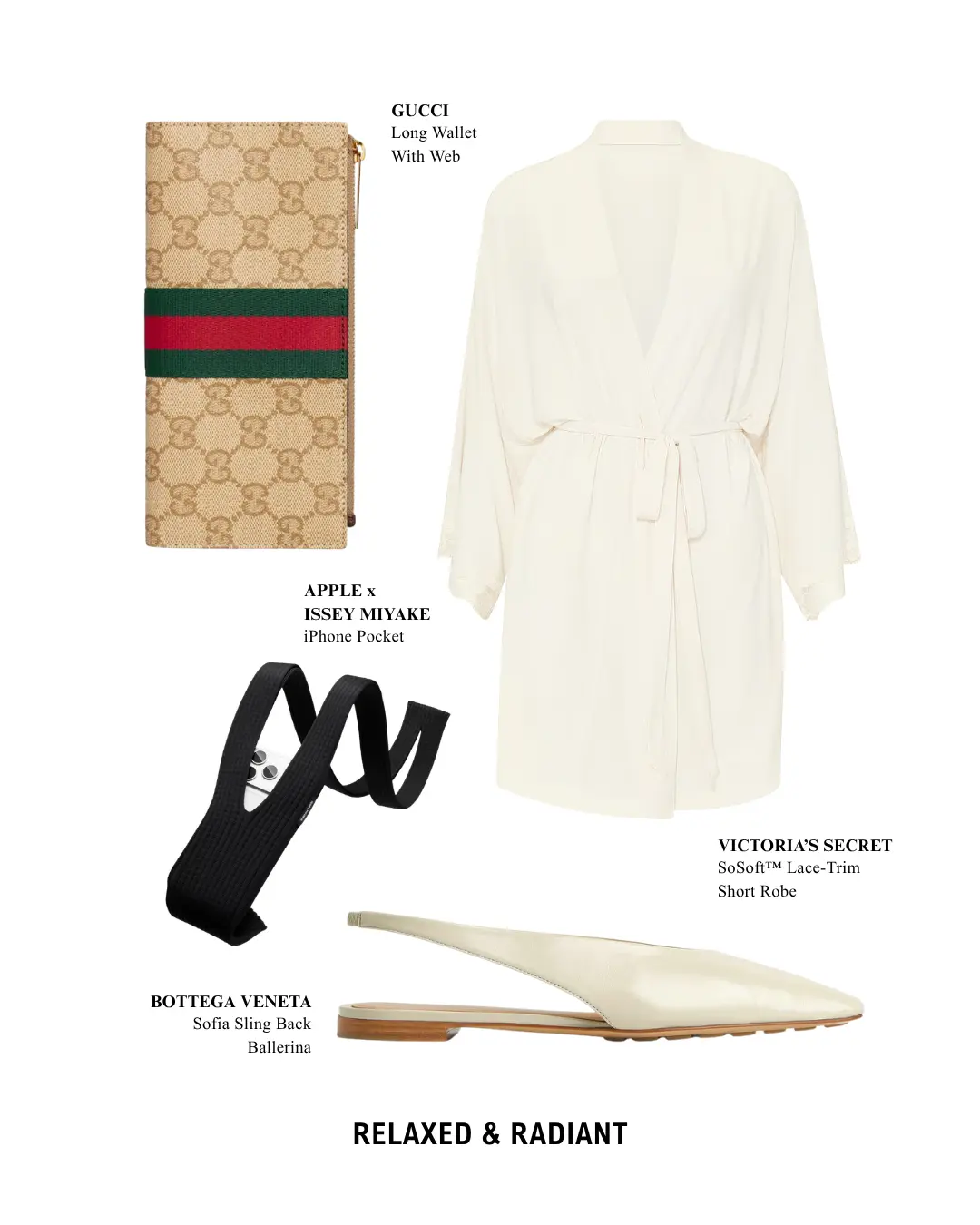 Luxury fashion items: Gucci wallet, Bottega Veneta slingbacks, white lace robe, and Issey Miyake iPhone Pocket.