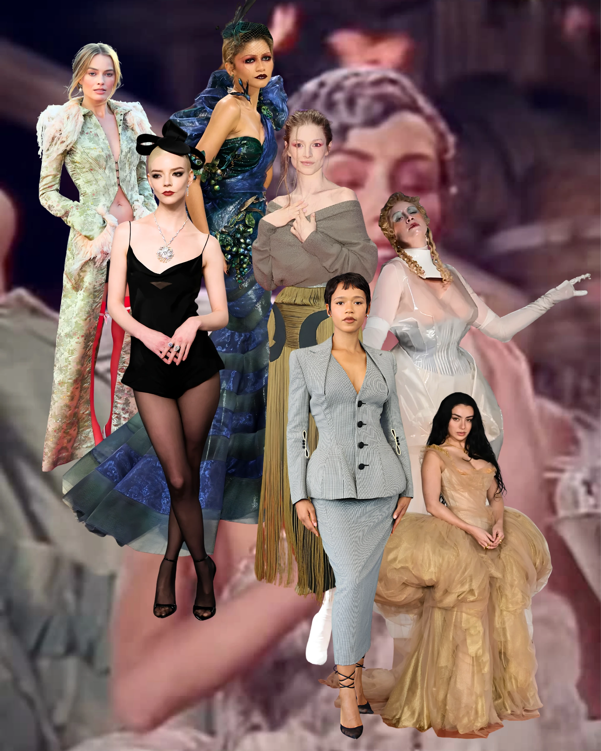 L-R: Margot Robbie, Zendaya, Anya Taylor-Joy, Hunter Schafer, Taylor Russell, Gwendoline Christie, and Charli XCX wearing John Galliano