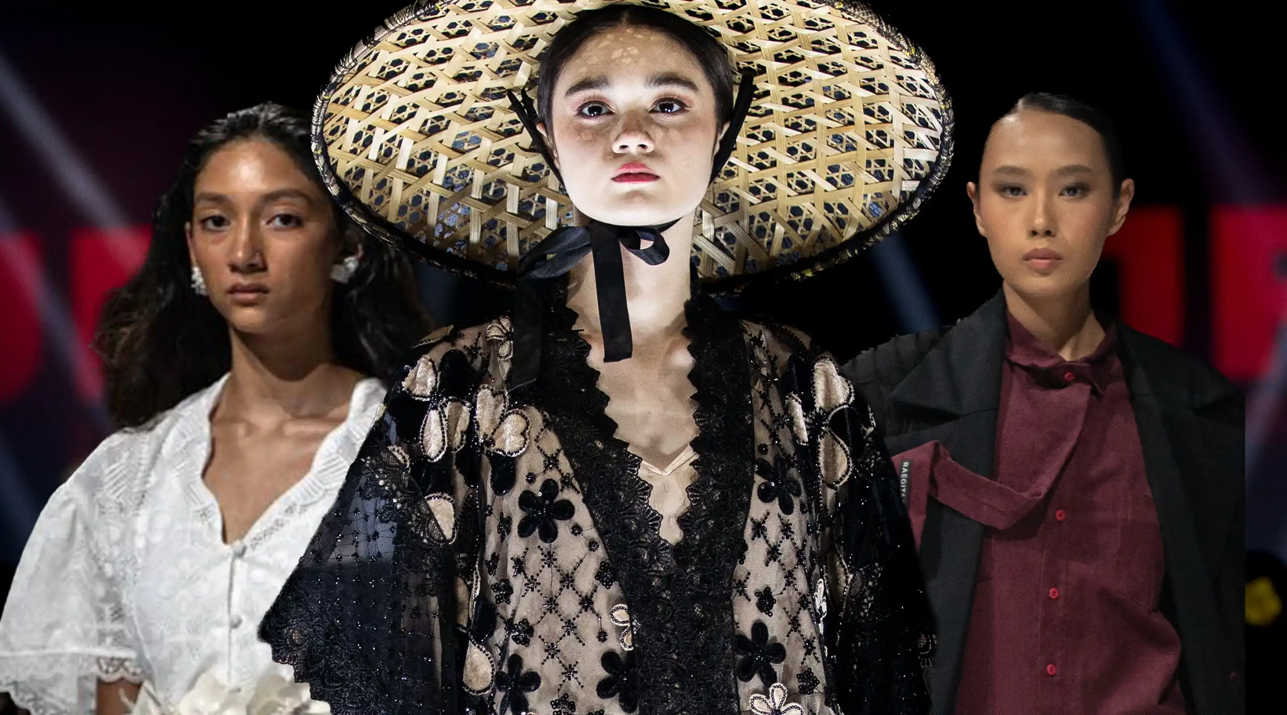 Three models walk a fashion runway; center model wears a wide woven straw hat and a black lace dress, flanked by a woman in white lace on the left and a woman in burgundy and black on the right.