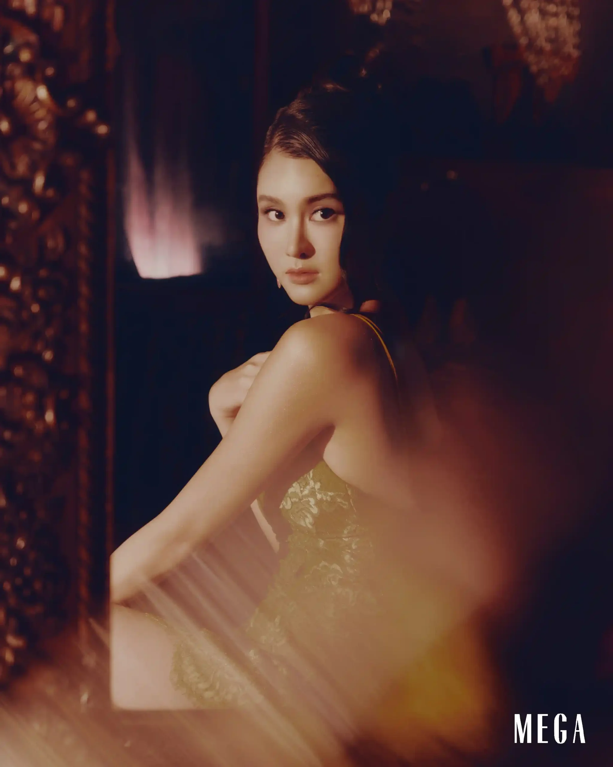 Portrait of a woman with dark hair looking over her shoulder in warm, moody lighting; 'MEGA' appears in the bottom right.