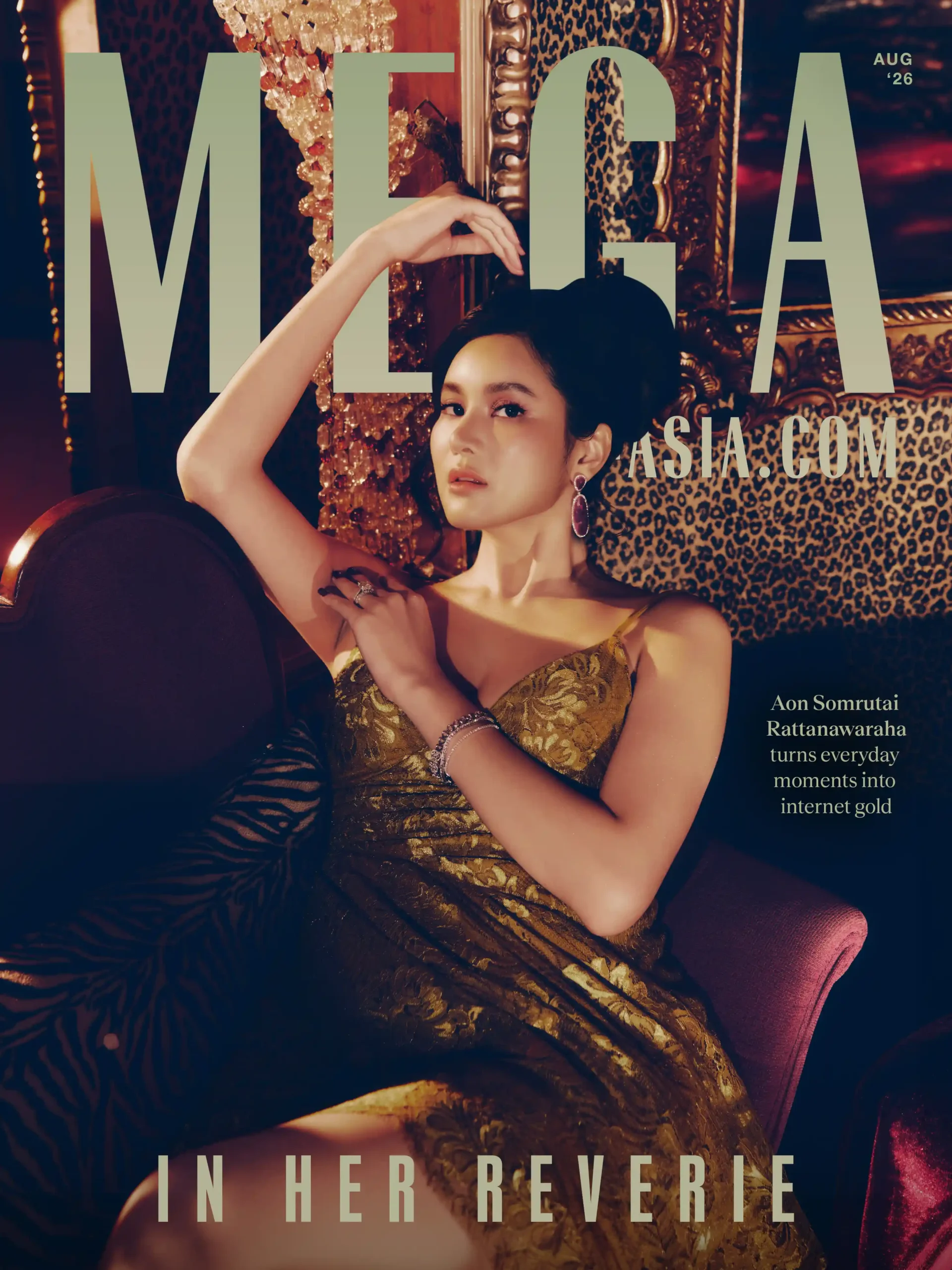 Magazine cover featuring a model in a gold dress against a leopard-print backdrop, with oversized text across the top reading 'META' and smaller caption lines on the side.
