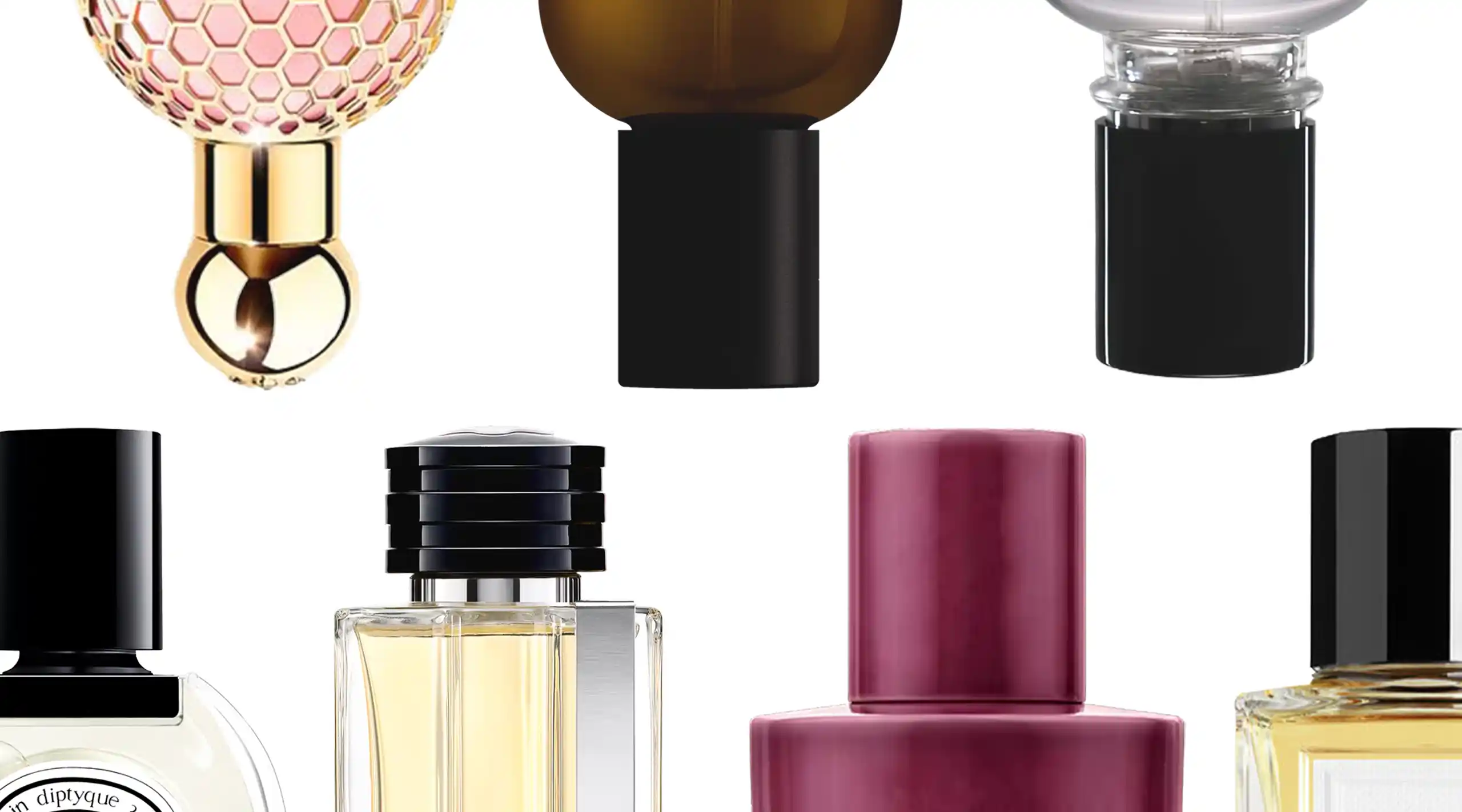 Assorted perfume bottles arranged in a grid, showing varied shapes and colors including gold, pink, and clear glass.