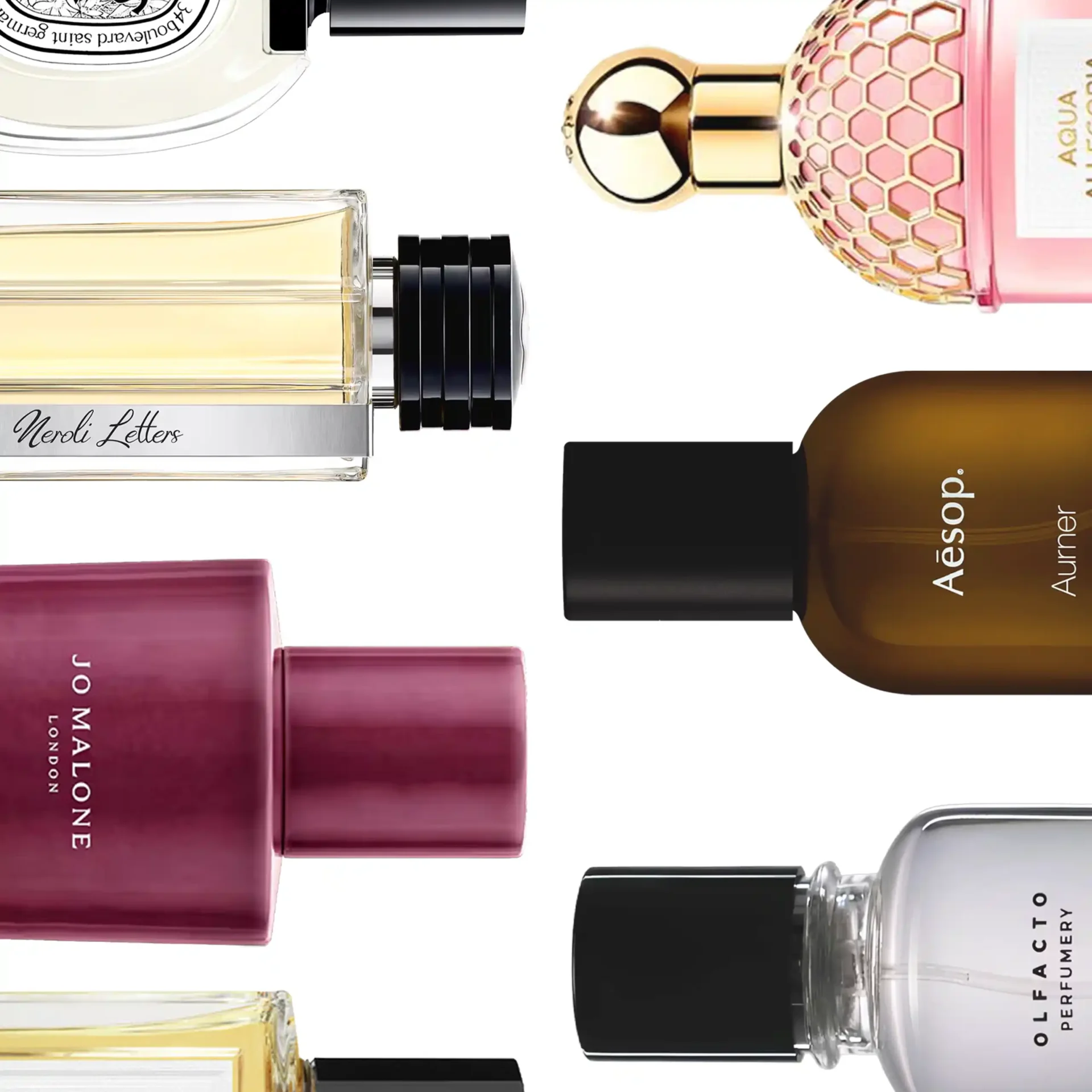 Diagonal collage of several perfume bottles in pink, burgundy, gold, and clear glass with varied cap designs and shapes, illustrating a fragrance collection.