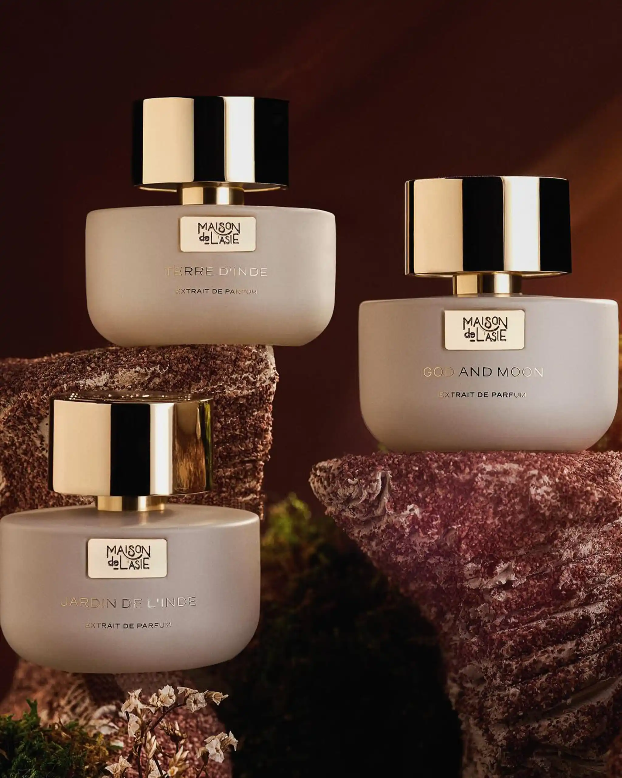 Two pale perfume bottles with glossy black-and-gold caps displayed on a textured, burgundy surface, labeled Maison de l'Asie and Jardin de l'Inde (extrait de parfum).