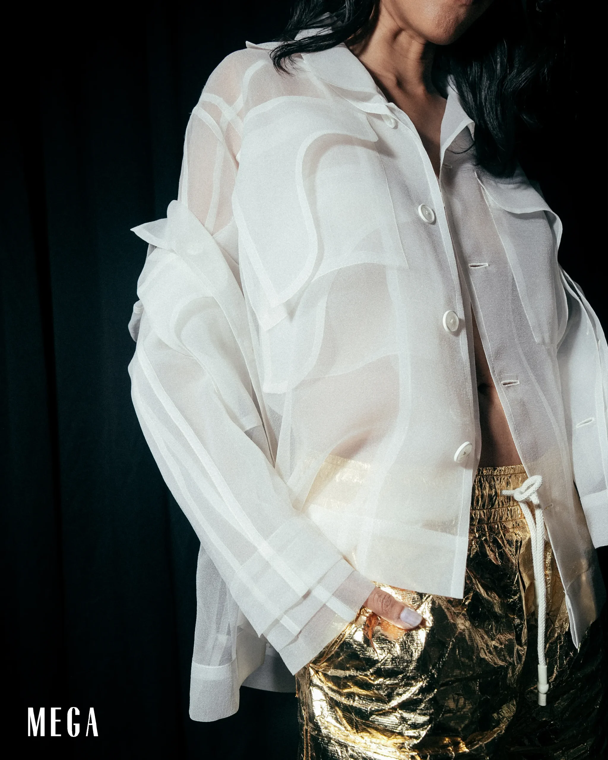 MANILA MNL FASHION WEEK 2026 NICOLO SHEER PANELED JACKET AND GOLD SHORTS