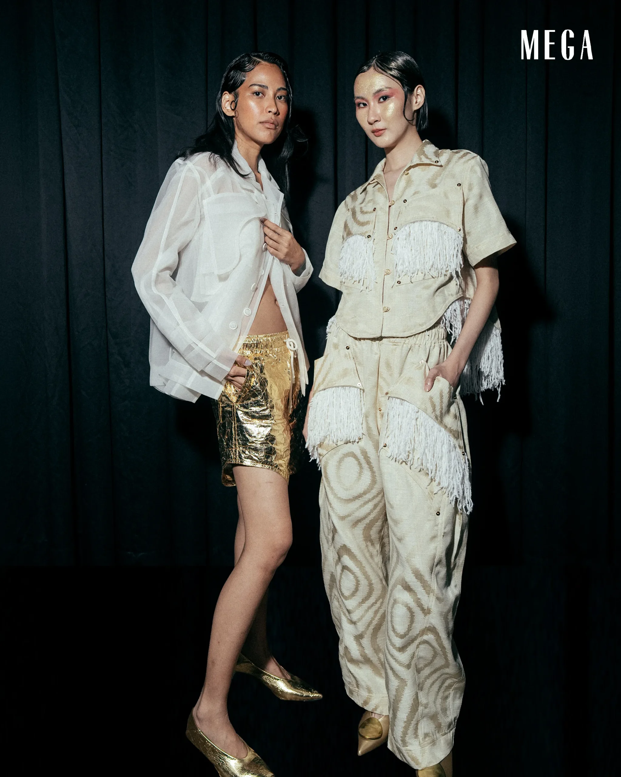 MANILA MNL FASHION WEEK 2026 NICOLO SHEER SHIRT AND GOLD SHORTS AND WHITE FRINGE