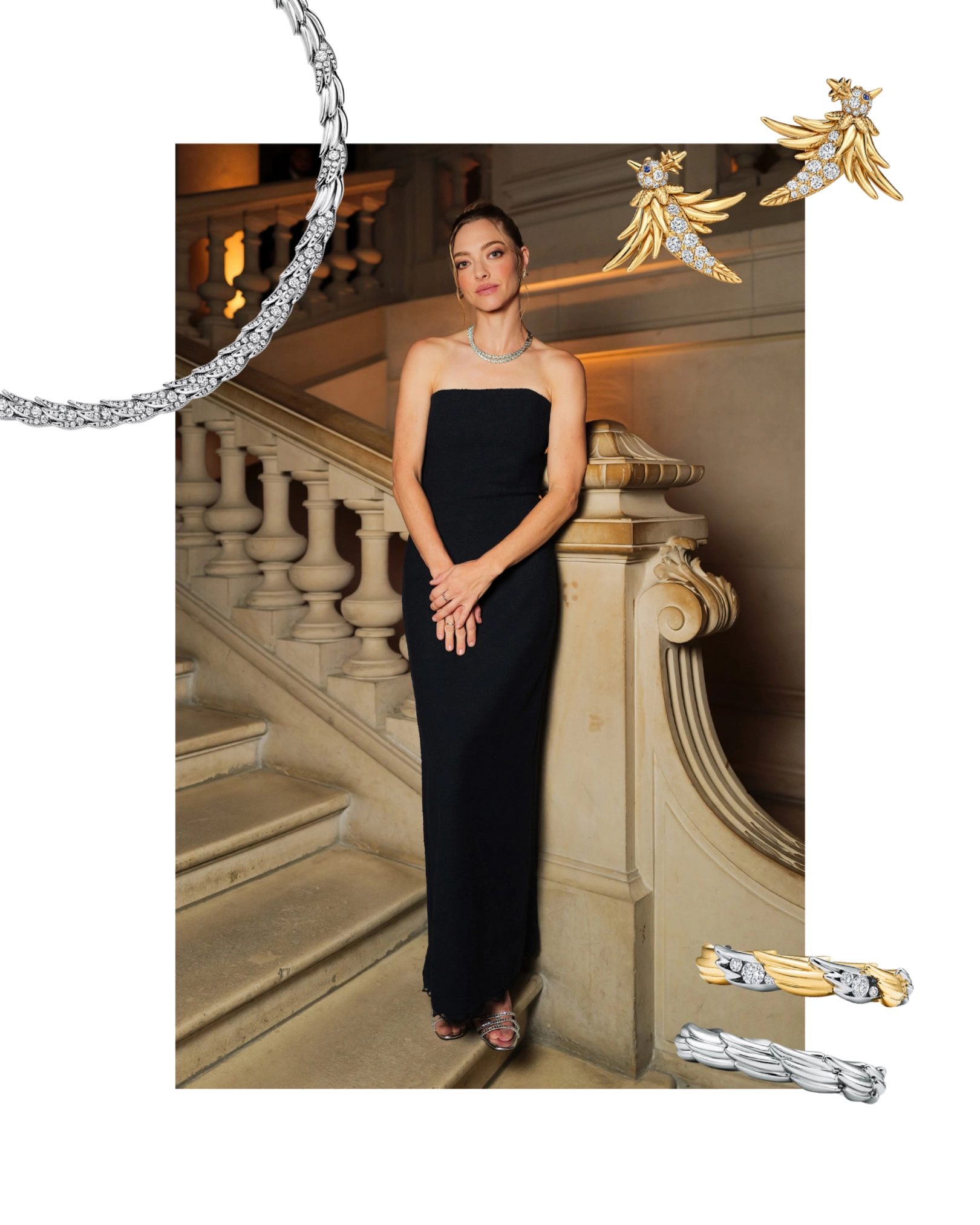 Amanda Seyfried is wearing Tiffany & Co.’s Bird on a Rock Wings pavé necklace in platinum with diamonds, Bird earrings in gold with pavé diamonds and sapphires, and Wings narrow rings in platinum and in yellow gold and platinum with pavé diamonds