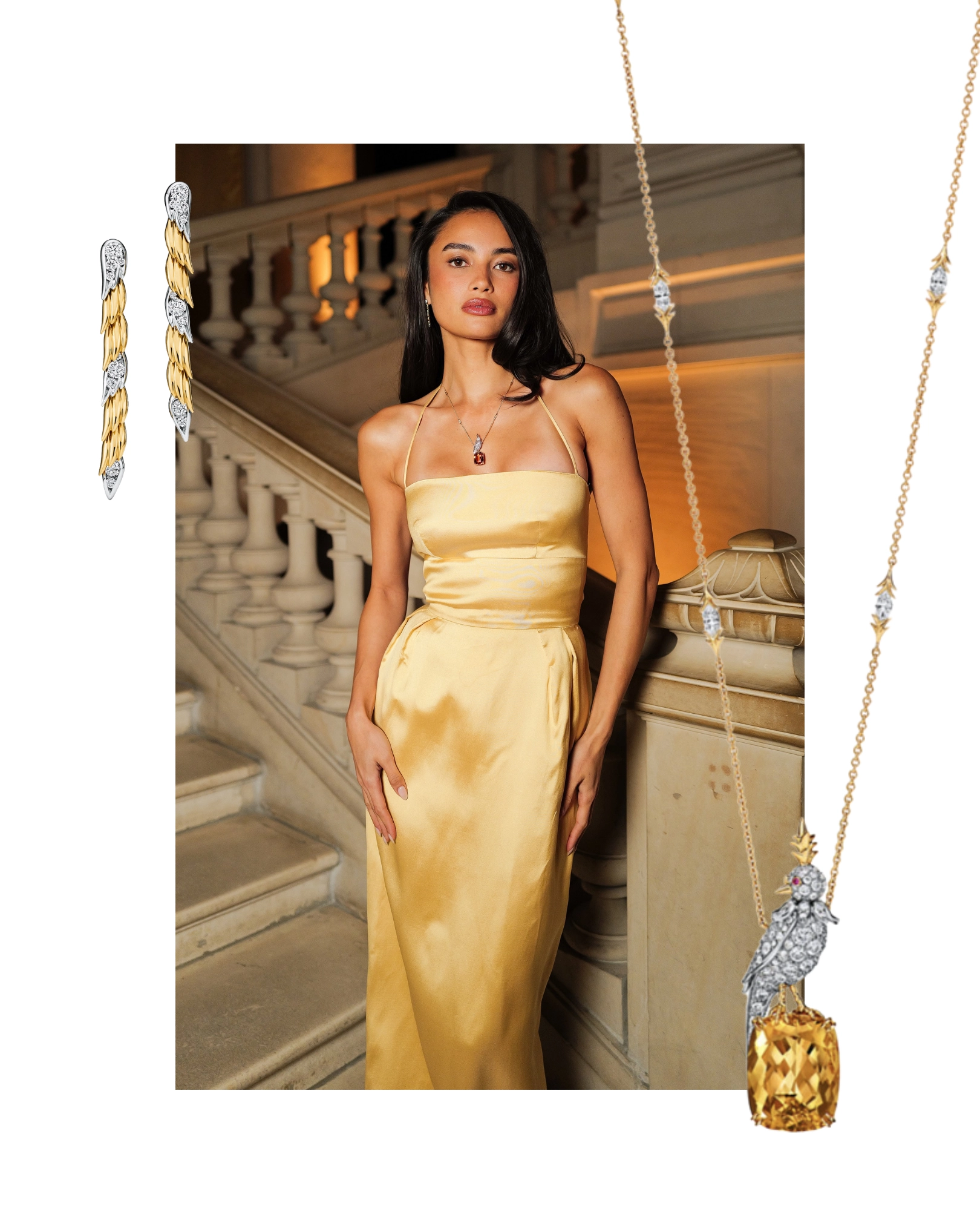 Kelsey Merritt is wearing Tiffany & Co.’s Bird on a Rock pendant with citrine, diamonds, and rubies, and Wings drop earrings with diamonds, both in yellow gold and platinum