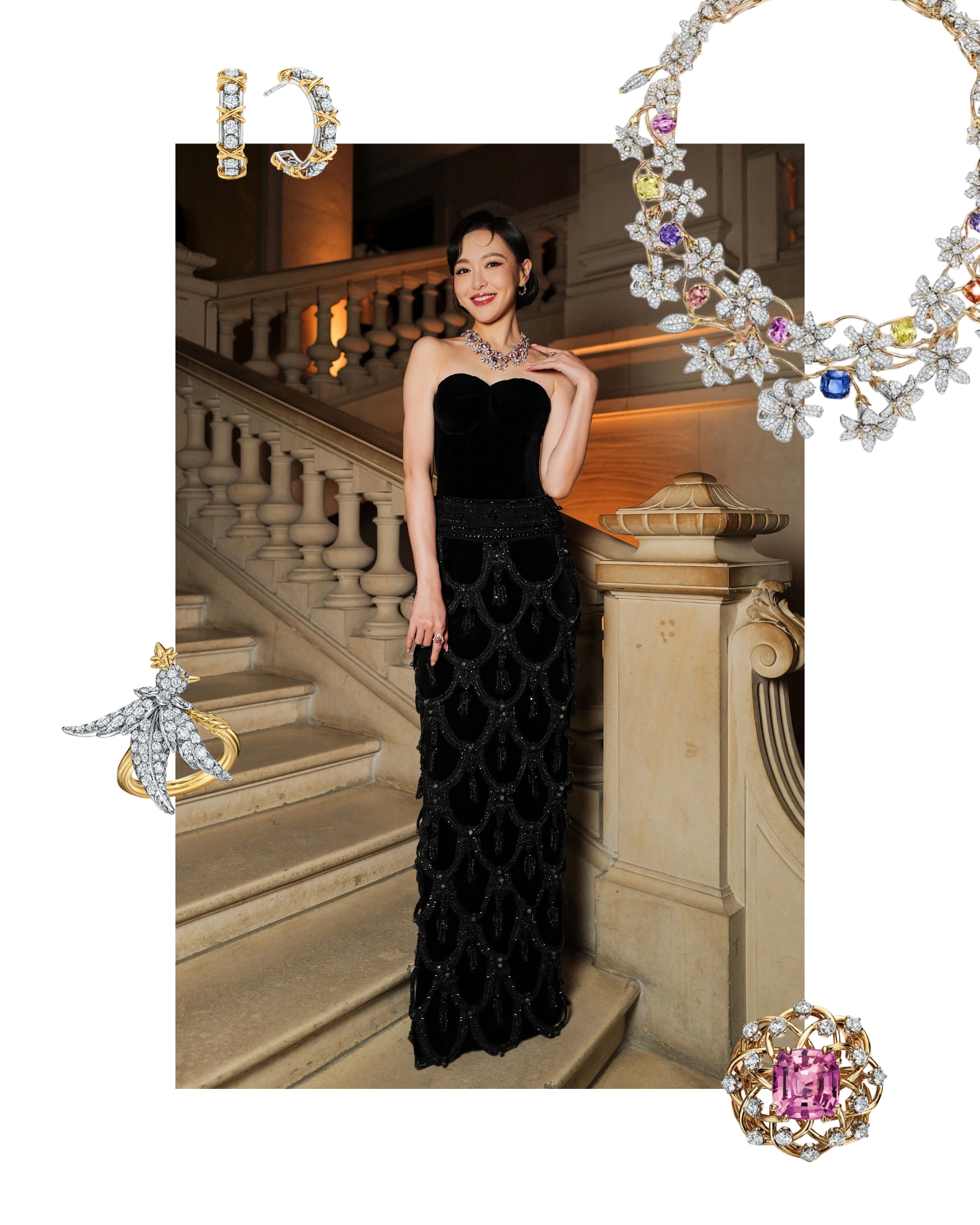 Tiffany Tang is wearing Tiffany & Co.’s Jean Schlumberger necklace with sapphires and diamonds, Sixteen Stone diamond earrings, a Jean Schlumberger Panier ring with pink spinel and diamonds, and a Bird on a Rock Bird ring with diamonds
